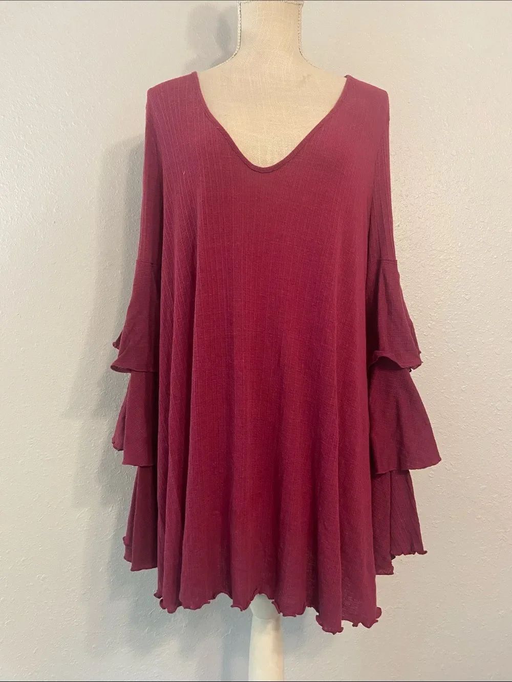 Free People Beach Burgundy Ruffled Long Sleeve Mini Dress Size Medium